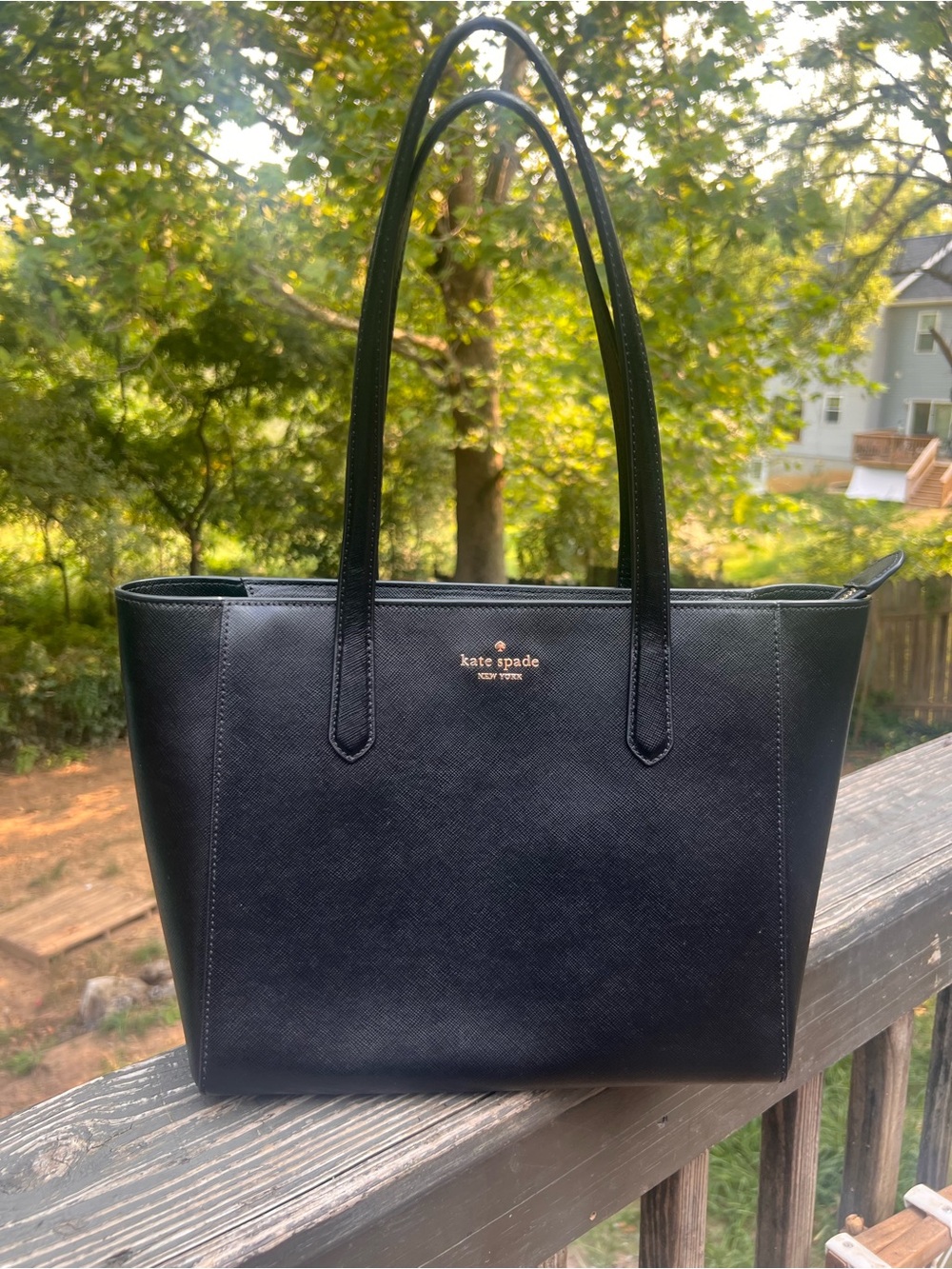 kate spade Black Saffiano Leather Tote with Gold Logo